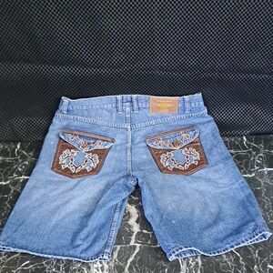 Vintage Phat Farm Blue and Brown Jean Shorts with Distinctive Embroidery